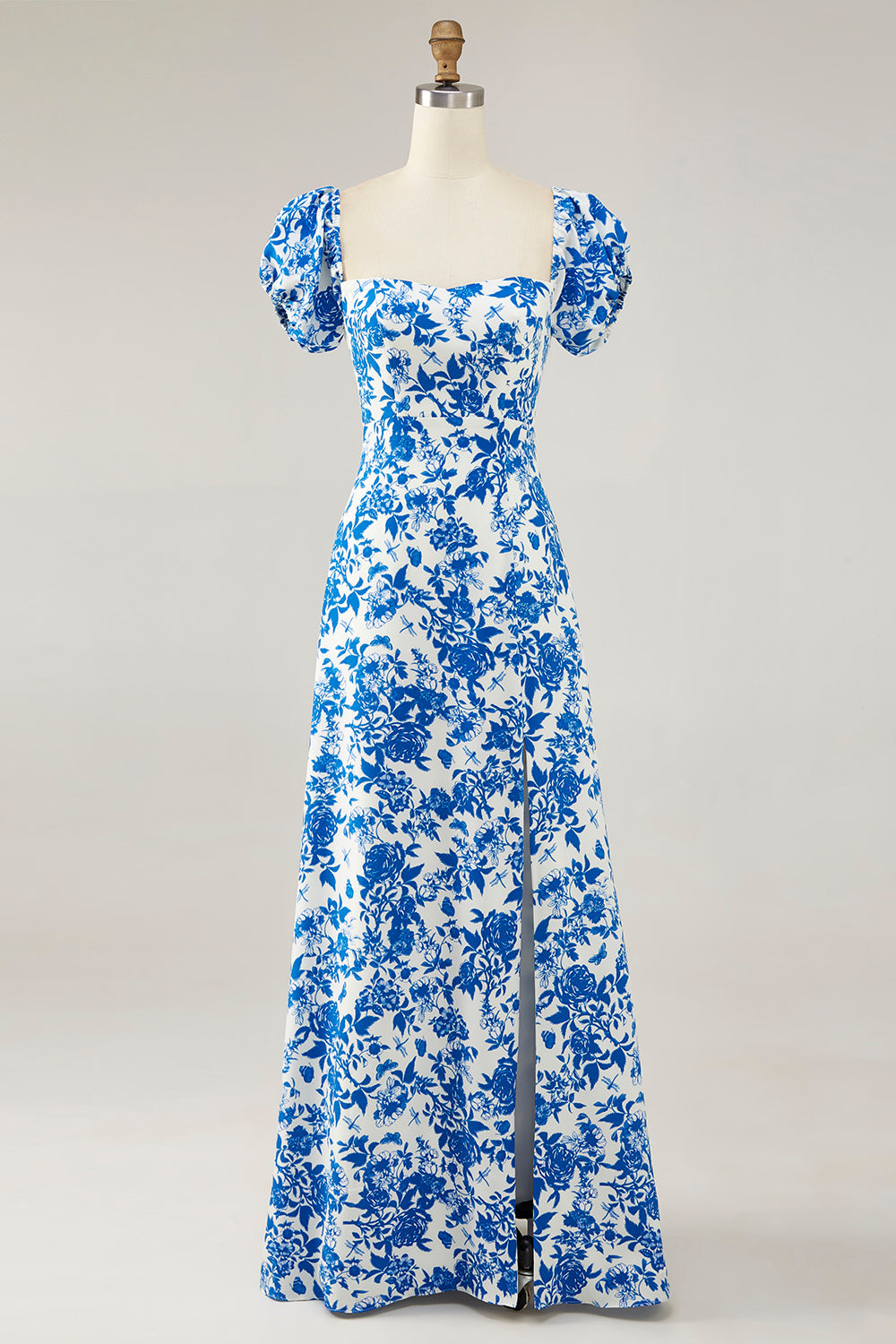 Blue Floral Off The Shoulder Long Bridesmaid Dress with Slit