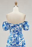 Blue Floral Off The Shoulder Long Bridesmaid Dress with Slit