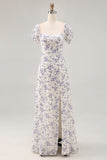 Blue Flower A Line Printed Long Bridesmaid Dress with Slit