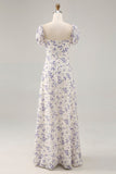 Blue Flower A Line Printed Long Bridesmaid Dress with Slit