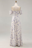 Blue Flower A Line Printed Long Bridesmaid Dress with Slit