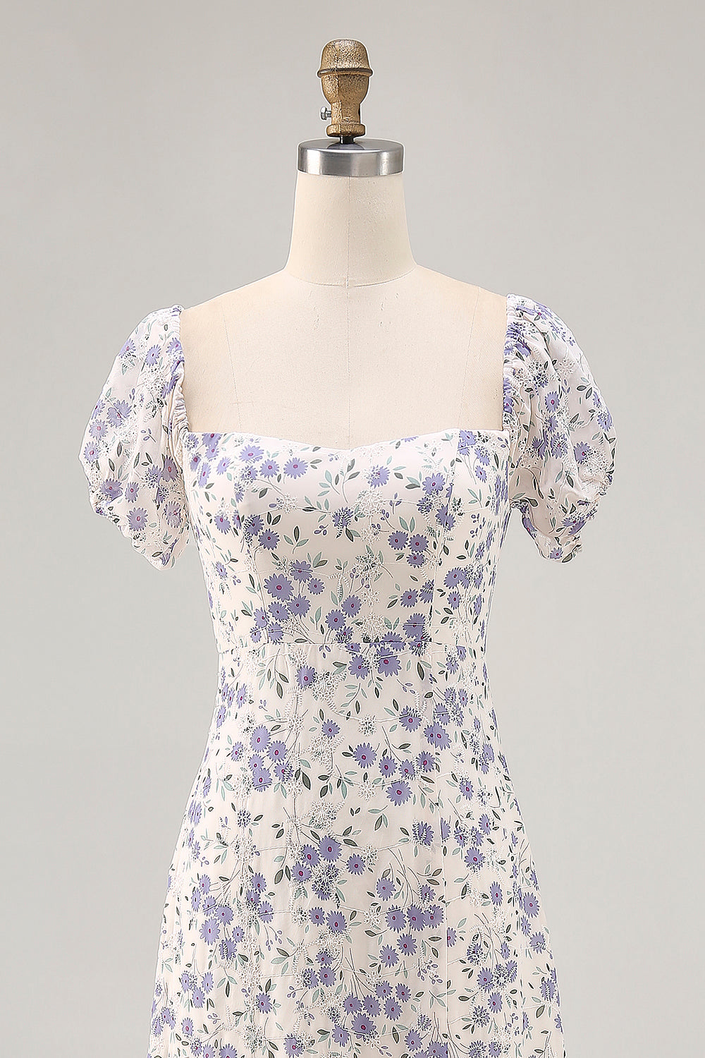 Blue Flower A Line Printed Long Bridesmaid Dress with Slit