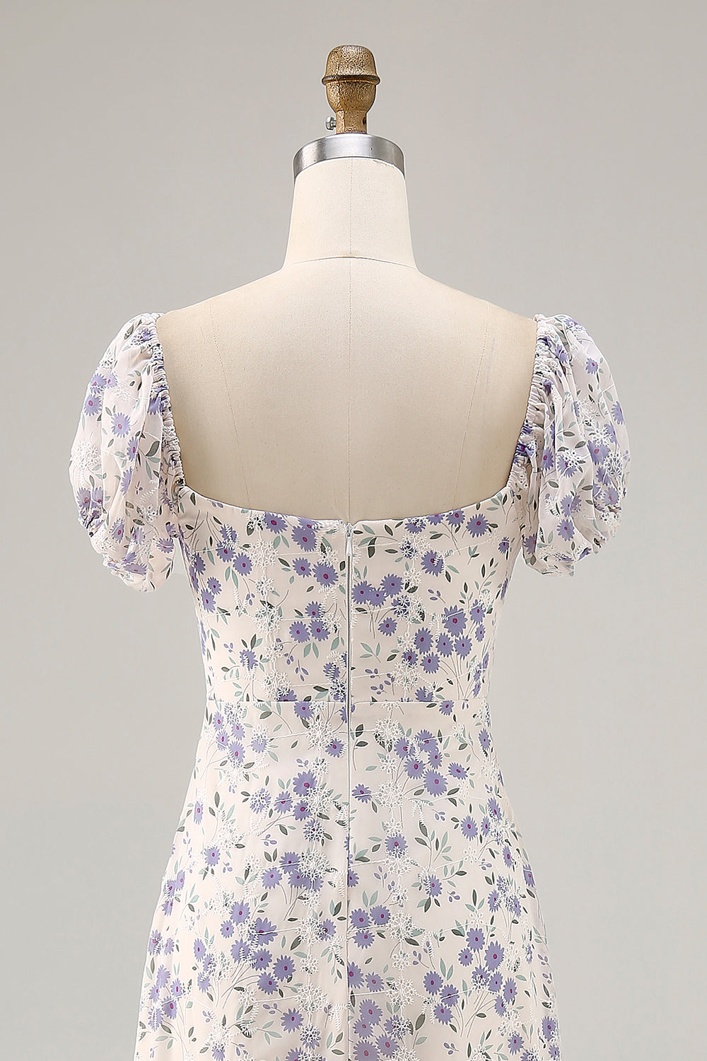 Blue Flower A Line Printed Long Bridesmaid Dress with Slit