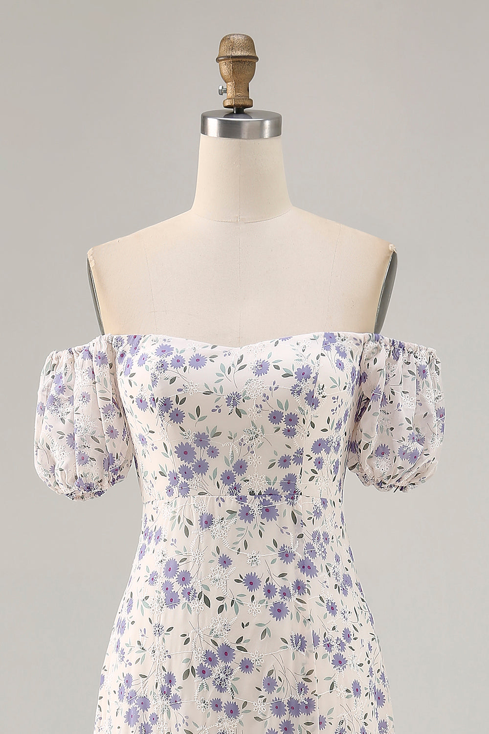 Blue Flower A Line Printed Long Bridesmaid Dress with Slit