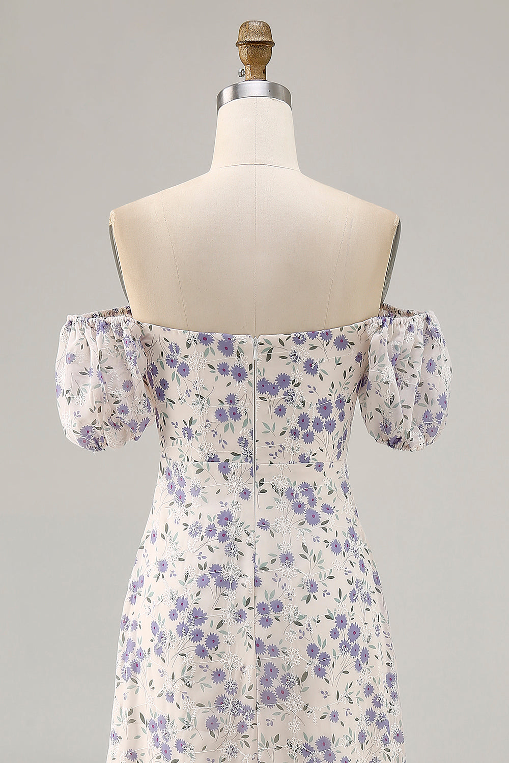 Blue Flower A Line Printed Long Bridesmaid Dress with Slit