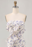 Blue Floral Sheath Strapless Ruffled Long Bridesmaid Dress