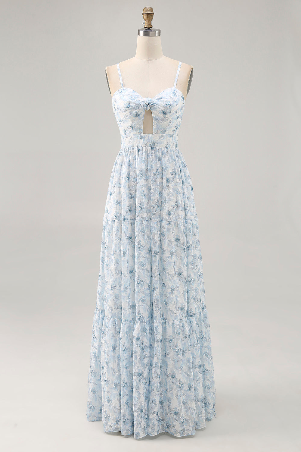 Blue Printed Floral Spaghetti Straps Long bridesmaid Dress