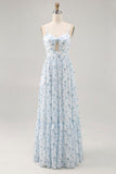Blue Printed Floral Spaghetti Straps Long bridesmaid Dress