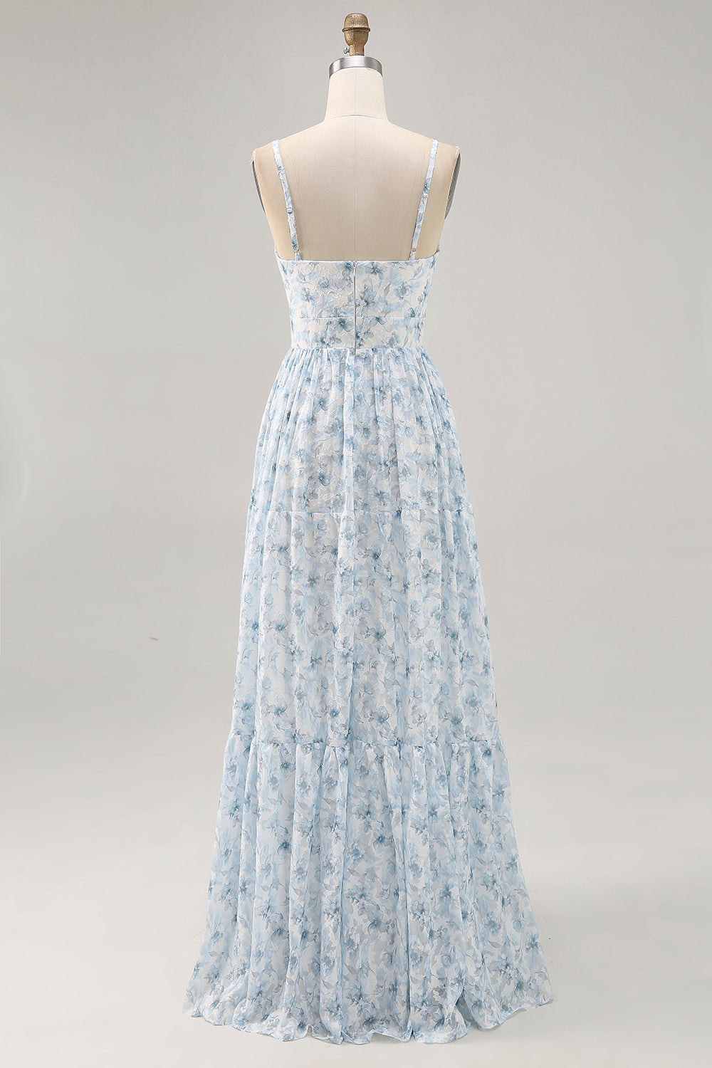 Blue Printed Floral Spaghetti Straps Long bridesmaid Dress