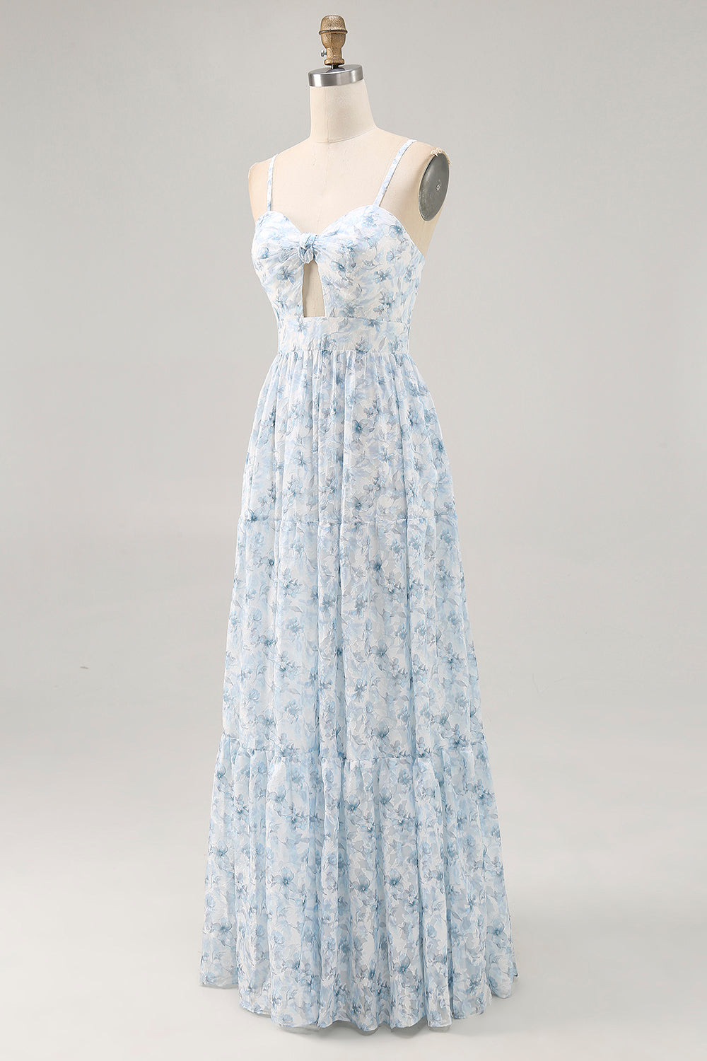 Blue Printed Floral Spaghetti Straps Long bridesmaid Dress