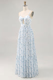 Blue Printed Floral Spaghetti Straps Long bridesmaid Dress