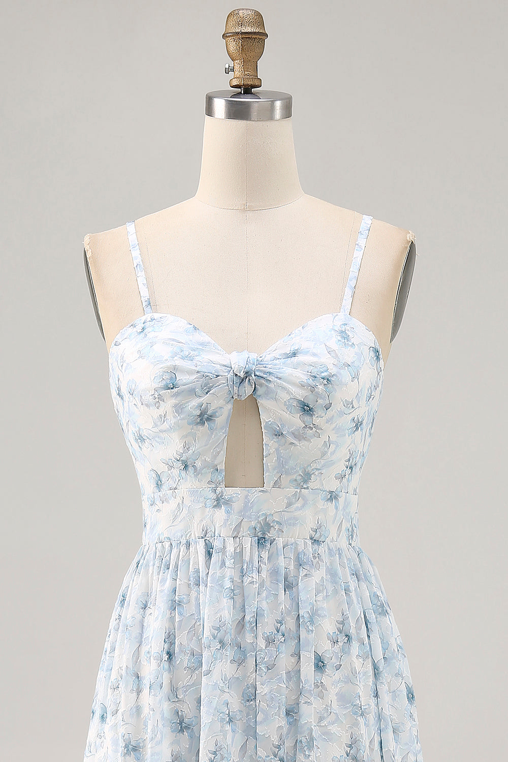 Blue Printed Floral Spaghetti Straps Long bridesmaid Dress