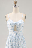 Blue Printed Floral Spaghetti Straps Long bridesmaid Dress