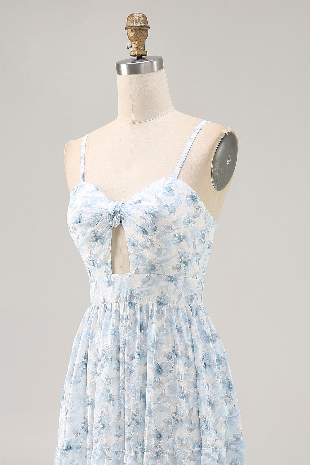 Blue Printed Floral Spaghetti Straps Long bridesmaid Dress