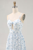 Blue Printed Floral Spaghetti Straps Long bridesmaid Dress