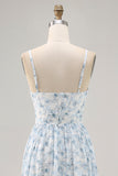 Blue Printed Floral Spaghetti Straps Long bridesmaid Dress