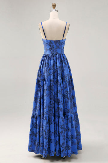 Blue Floral A Line Spaghetti Straps Long Bridesmaid Dress with Keyhole