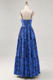Blue Floral A Line Spaghetti Straps Long Bridesmaid Dress with Keyhole