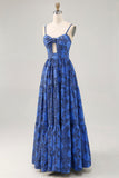 Blue Floral A Line Spaghetti Straps Long Bridesmaid Dress with Keyhole