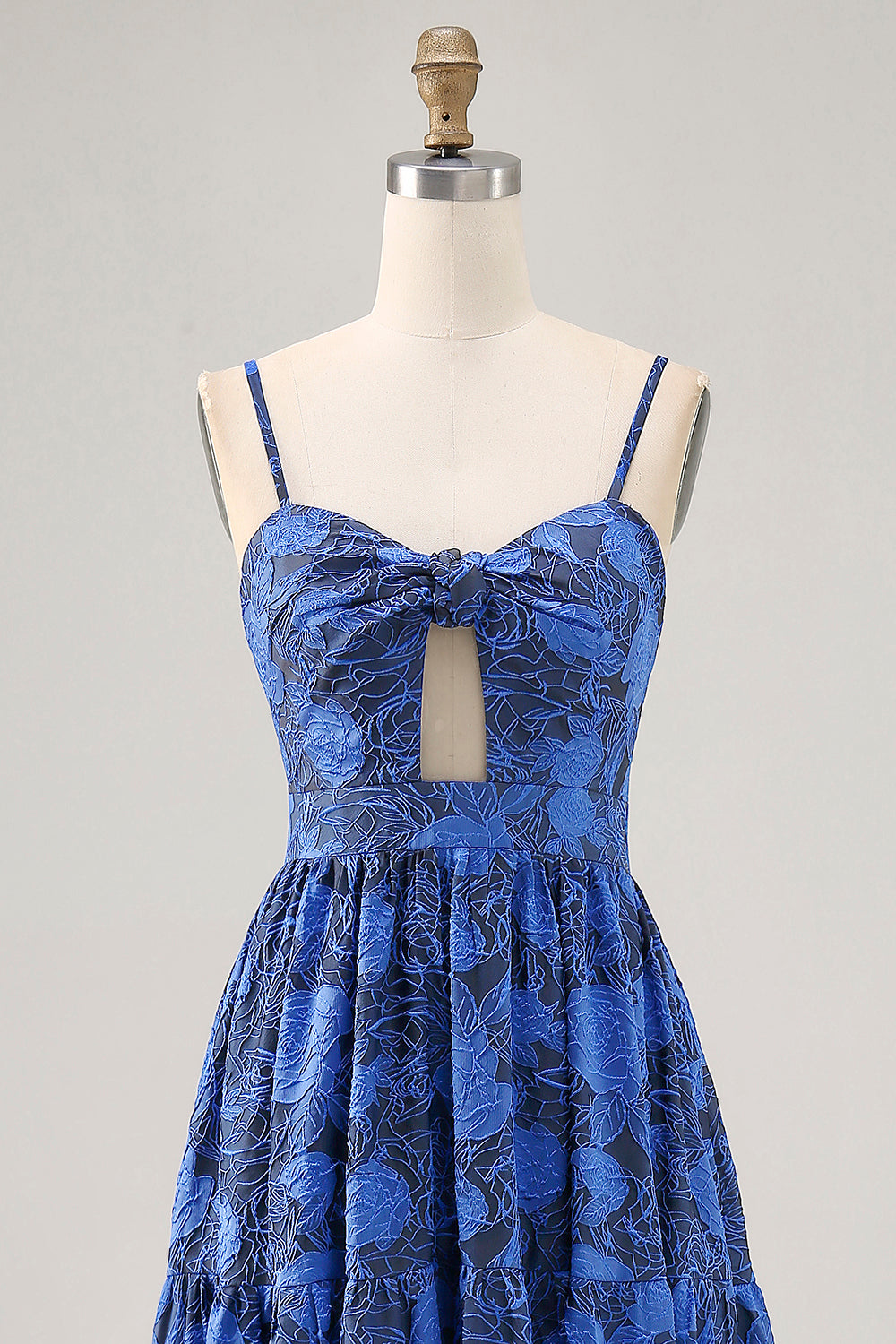 Blue Floral A Line Spaghetti Straps Long Bridesmaid Dress with Keyhole