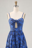 Blue Floral A Line Spaghetti Straps Long Bridesmaid Dress with Keyhole