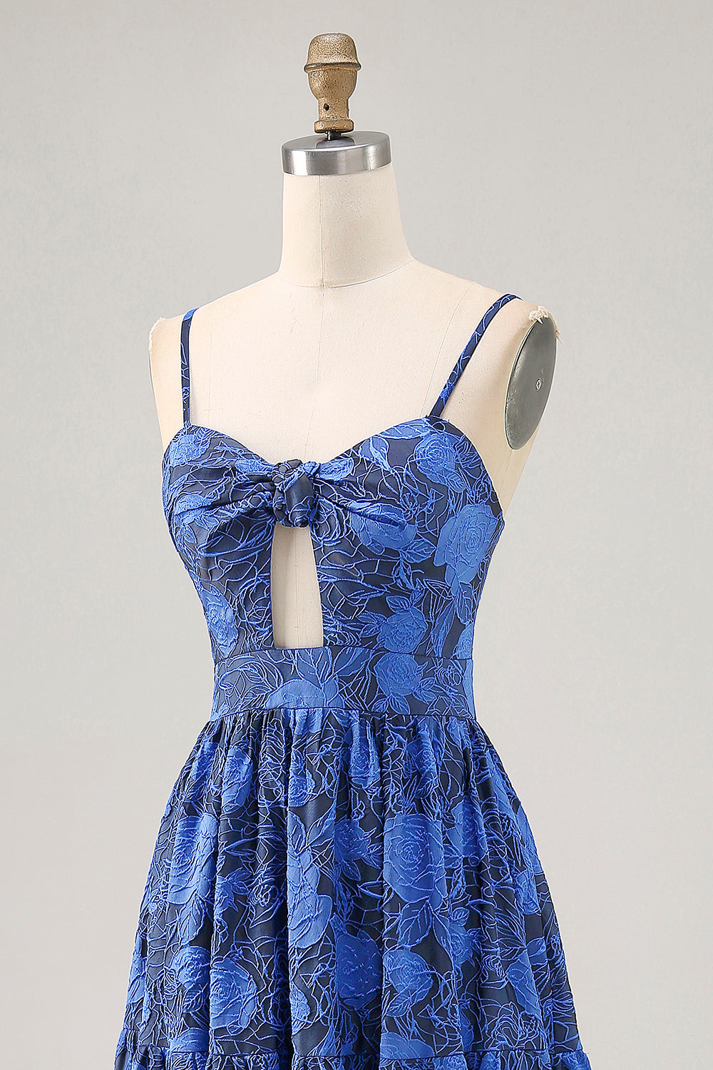 Blue Floral A Line Spaghetti Straps Long Bridesmaid Dress with Keyhole
