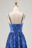 Blue Floral A Line Spaghetti Straps Long Bridesmaid Dress with Keyhole