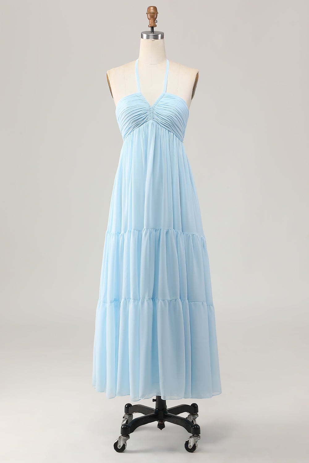 Sky Blue Halter Neck A Line Long Bridesmaid Dress