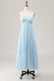 Sky Blue Halter Neck A Line Long Bridesmaid Dress