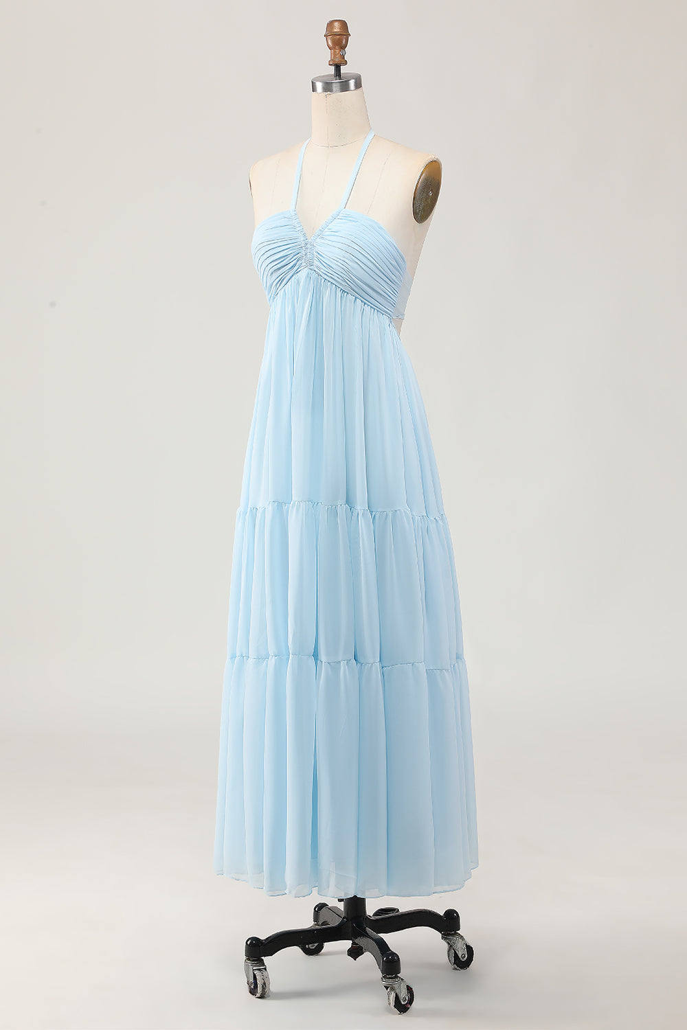 Sky Blue Halter Neck A Line Long Bridesmaid Dress