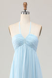 Sky Blue Halter Neck A Line Long Bridesmaid Dress