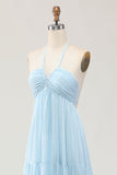 Sky Blue Halter Neck A Line Long Bridesmaid Dress