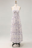 Blue Floral A Line Halter Neck Long Printed Bridesmaid Dress