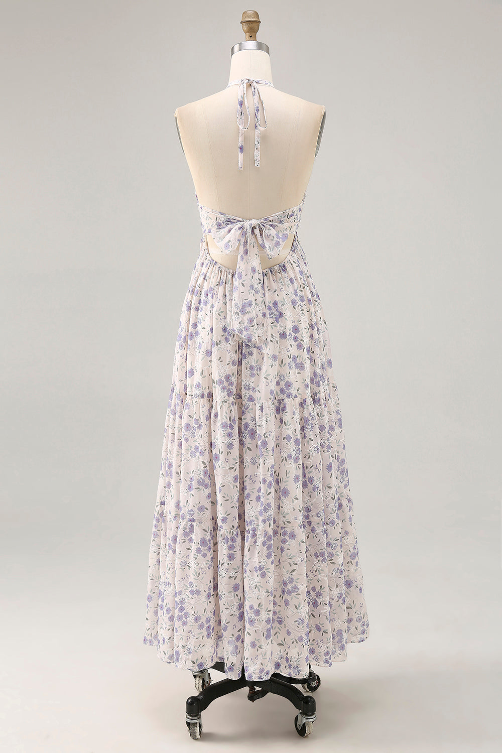 Blue Floral A Line Halter Neck Long Printed Bridesmaid Dress