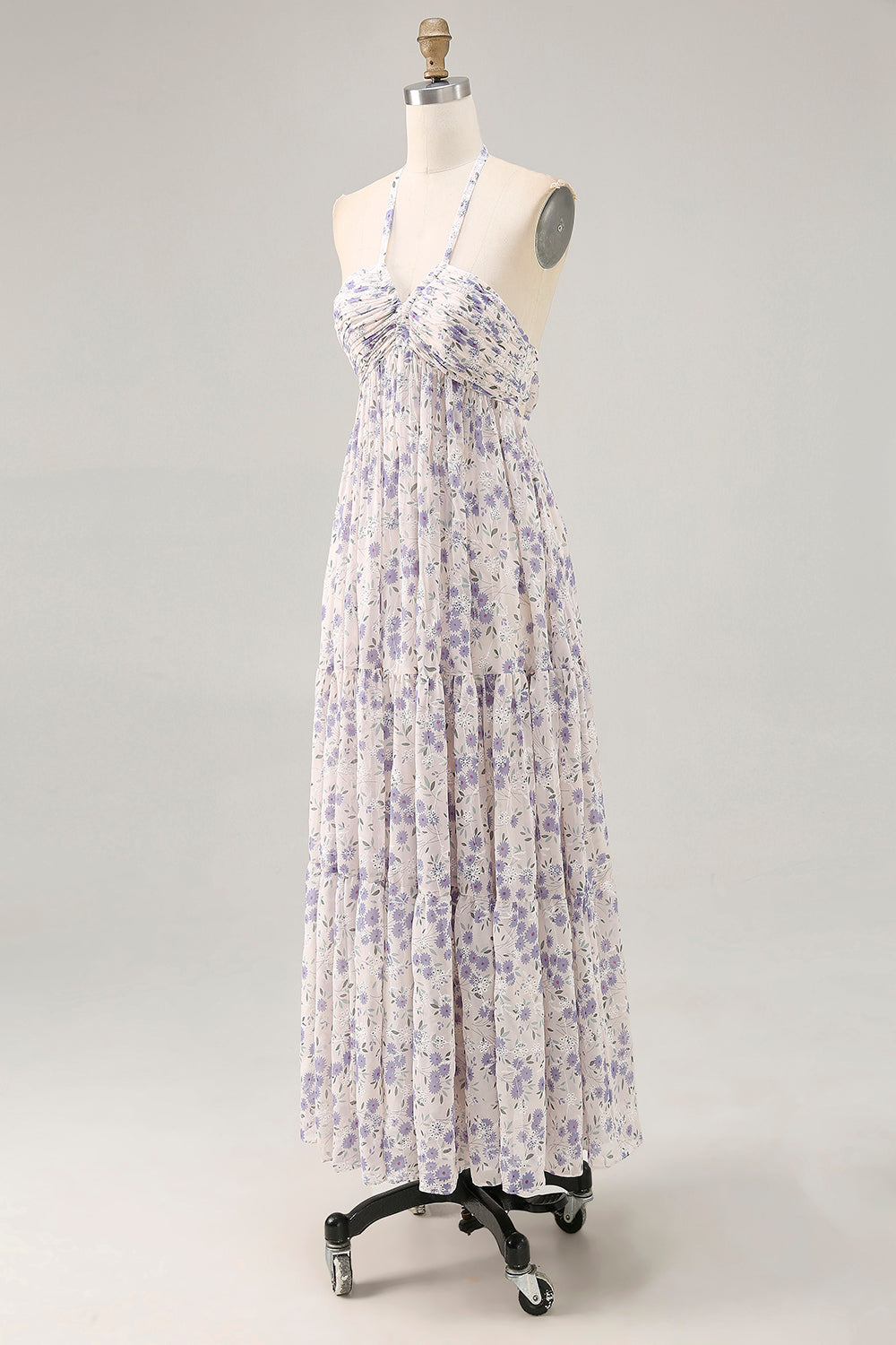 Blue Floral A Line Halter Neck Long Printed Bridesmaid Dress