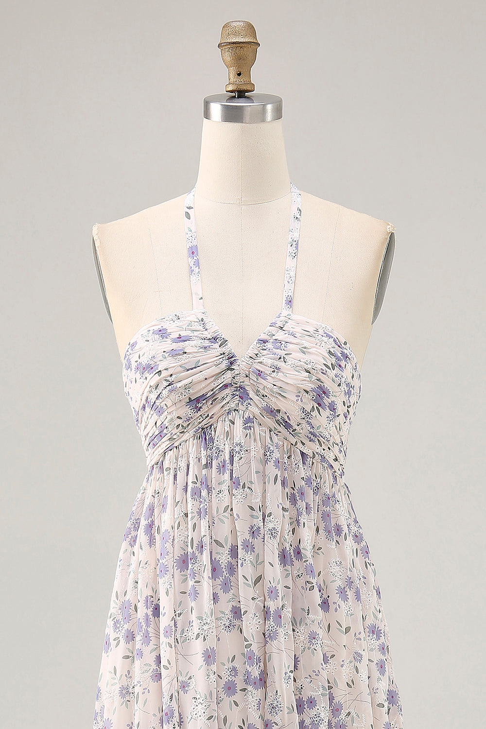 Blue Floral A Line Halter Neck Long Printed Bridesmaid Dress