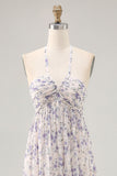 Blue Floral A Line Halter Neck Long Printed Bridesmaid Dress