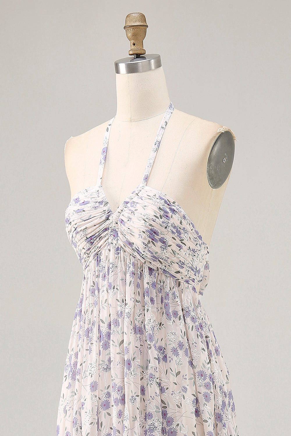 Blue Floral A Line Halter Neck Long Printed Bridesmaid Dress