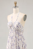 Blue Floral A Line Halter Neck Long Printed Bridesmaid Dress