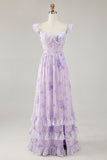 Lavender Floral Printed Ruffled Corset A Line Long Bridesmaid Dress with Slit