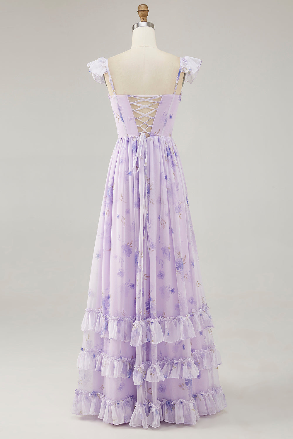 Lavender Floral Printed Ruffled Corset A Line Long Bridesmaid Dress with Slit