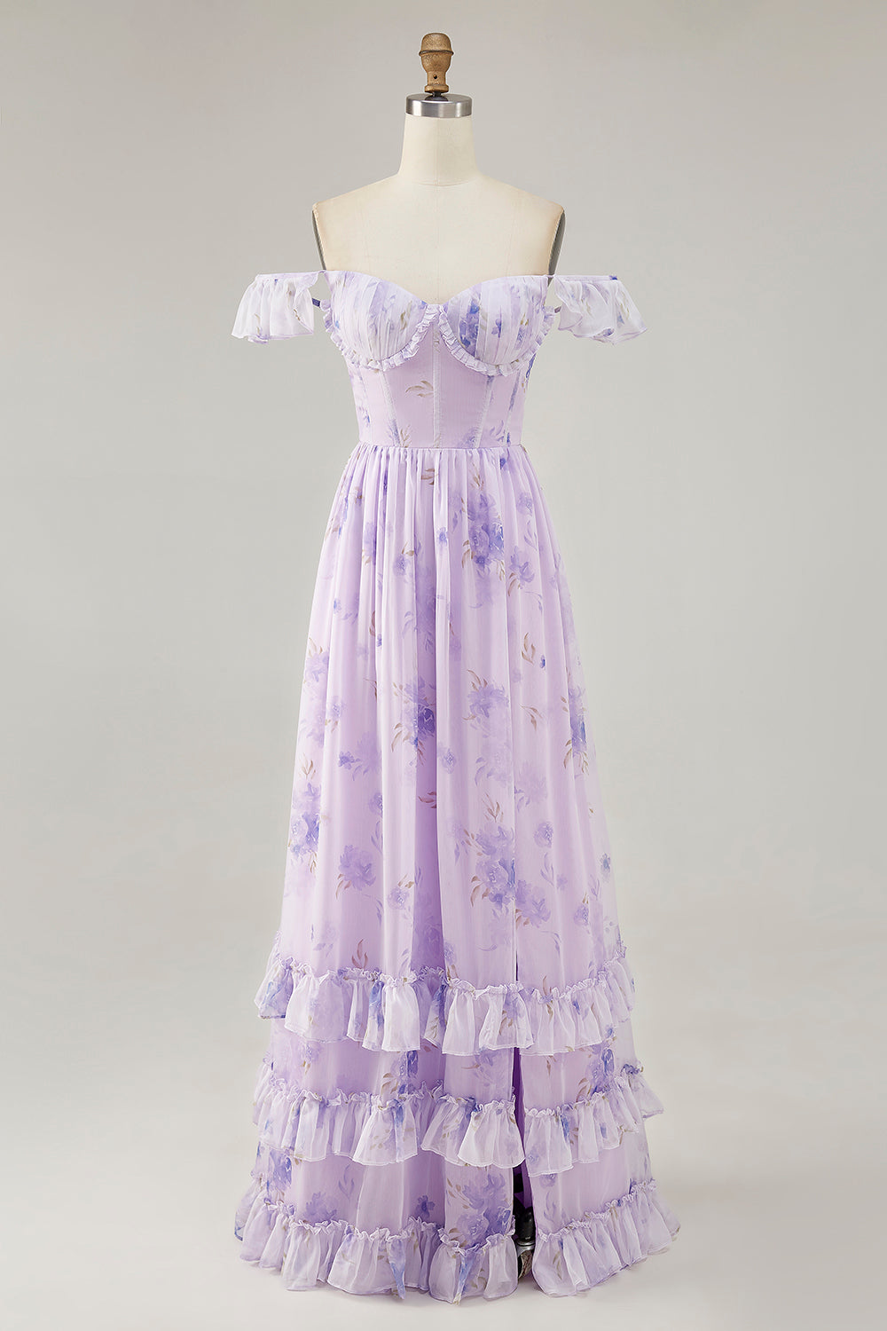 Lavender Floral Printed Ruffled Corset A Line Long Bridesmaid Dress with Slit