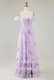 Lavender Floral Printed Ruffled Corset A Line Long Bridesmaid Dress with Slit