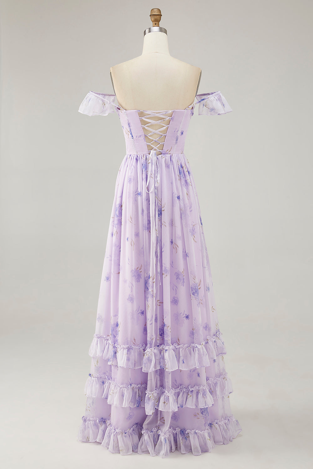 Lavender Floral Printed Ruffled Corset A Line Long Bridesmaid Dress with Slit
