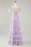 Lavender Floral Printed Ruffled Corset A Line Long Bridesmaid Dress with Slit