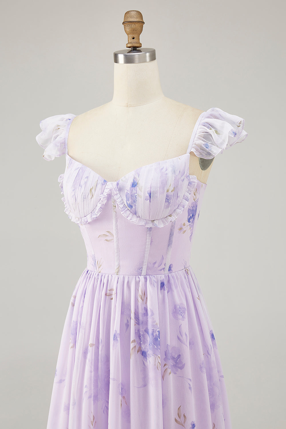 Lavender Floral Printed Ruffled Corset A Line Long Bridesmaid Dress with Slit
