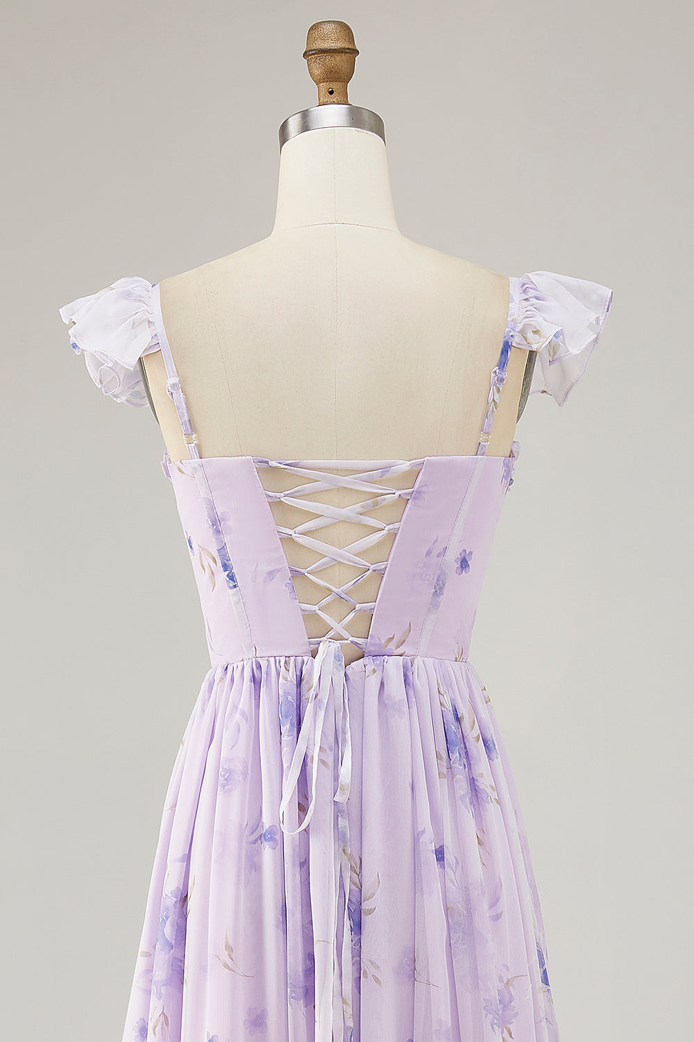 Lavender Floral Printed Ruffled Corset A Line Long Bridesmaid Dress with Slit