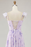 Lavender Floral Printed Ruffled Corset A Line Long Bridesmaid Dress with Slit