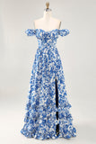 Off The Shoulder Ruffled Blue Floral Corset Long Wedding Guest Dress with Slit