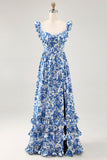 Off The Shoulder Ruffled Blue Floral Corset Long Wedding Guest Dress with Slit
